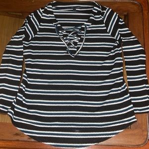 Torrid waffle weave henley lace neck stripe top.